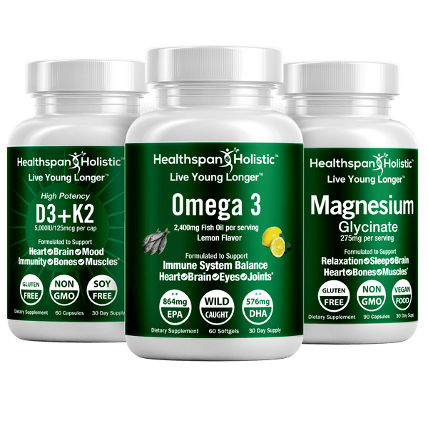 Healthspan Holistic daily essentials bundle featuring Vitamin D, Omega 3, and Magnesium supplements in a colorful package.