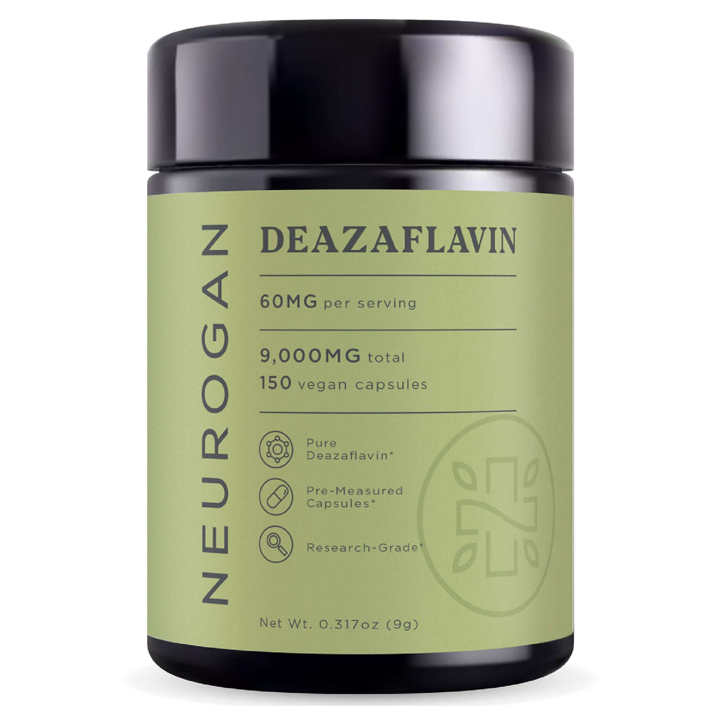 Neurogan Health Deazaflavin capsules, vitamin supplement in a clear bottle with white and blue labeling, displayed with capsules inside.