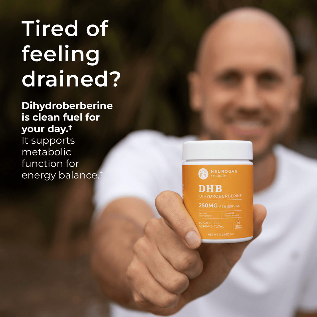 Dihydroberberine capsules from Neurogan Health, dietary supplement for energy support, shown in a clear bottle with capsules.