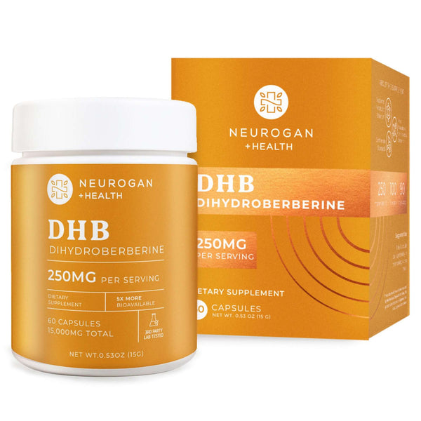 Dihydroberberine capsules in a Neurogan Health supplement box, showing the product packaging and capsules.