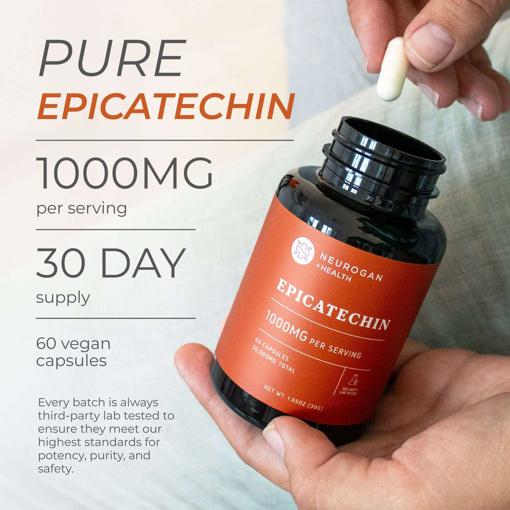 Neurogan Health Epicatechin supplement capsules showing the total dosage in clear packaging.