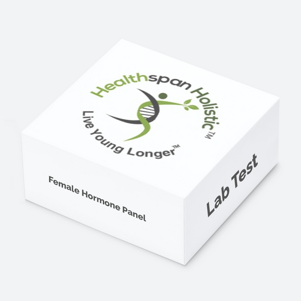 Female hormone panel test kit by Healthspan Holistic, showing vials and testing materials for comprehensive hormone analysis.