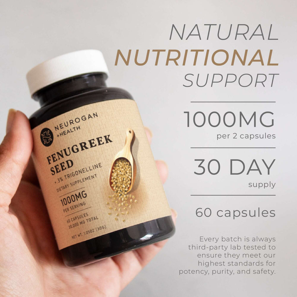 Neurogan Health fenugreek seed capsules in a bottle, dietary supplement for health and wellness, with fresh seed capsules visible.