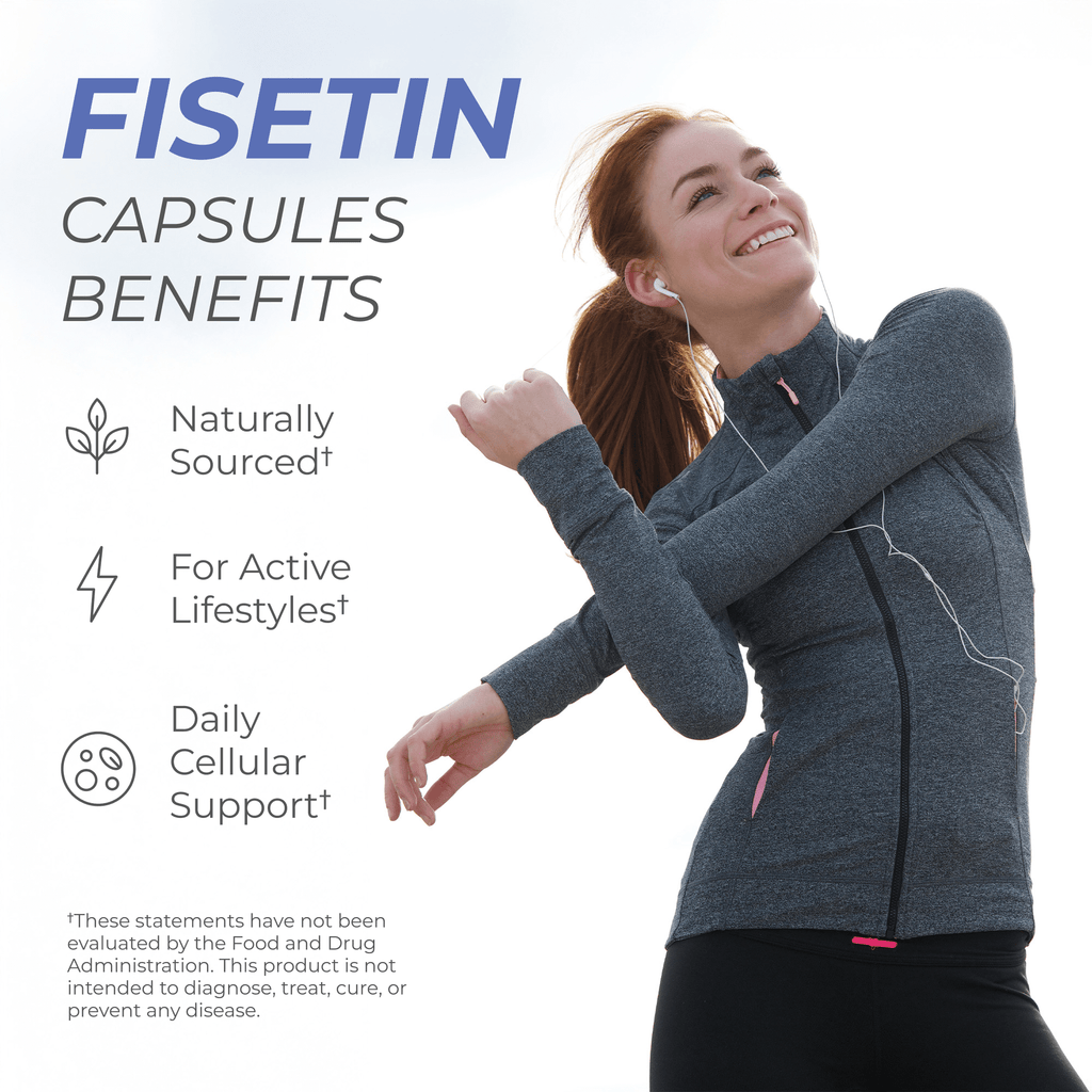 Neurogan Health fisetin capsules bottle with label, showing supplement benefits for antioxidant support and healthy aging.