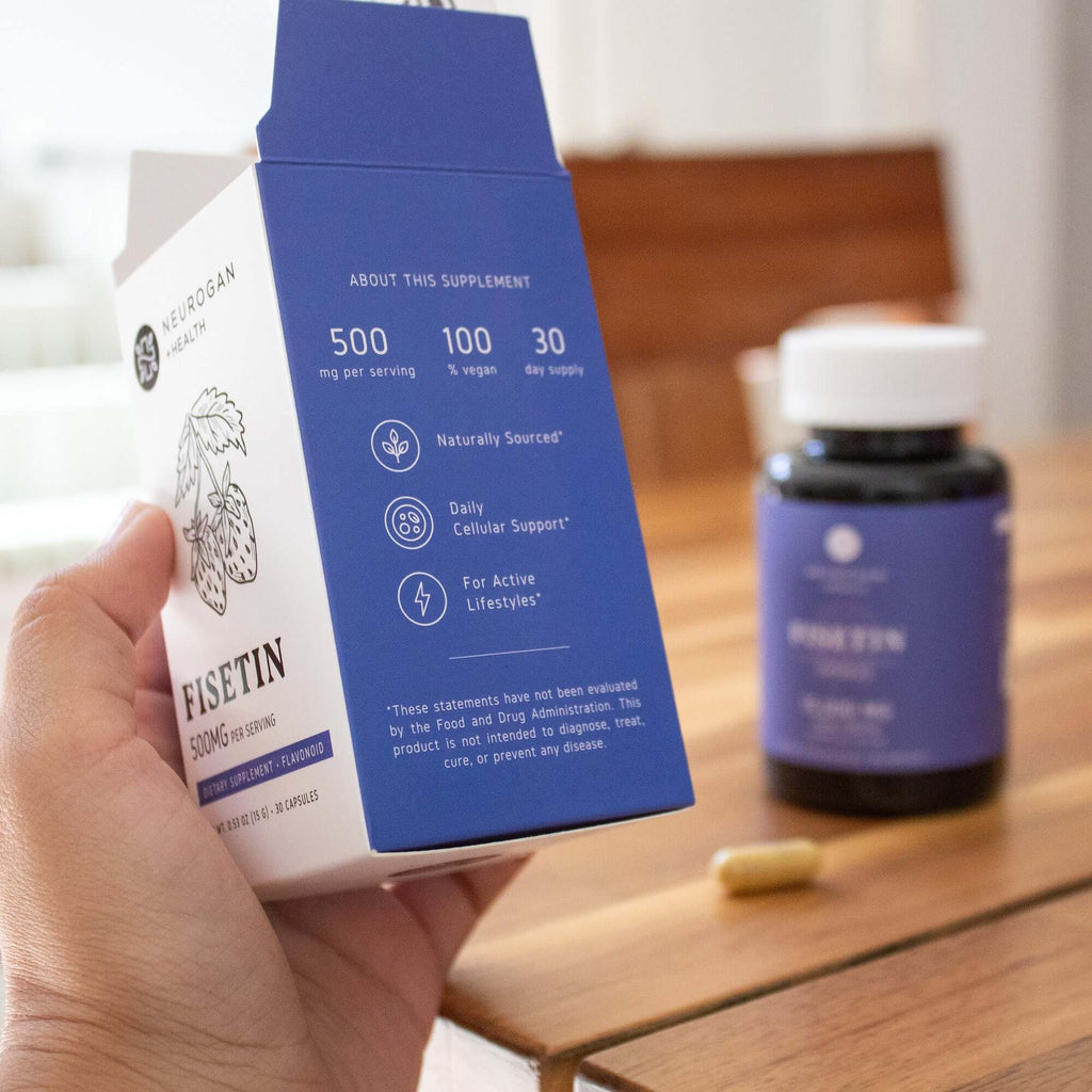 Neurogan Health Fisetin capsules bottle with capsules visible, set on a neutral background for dietary supplement product image.