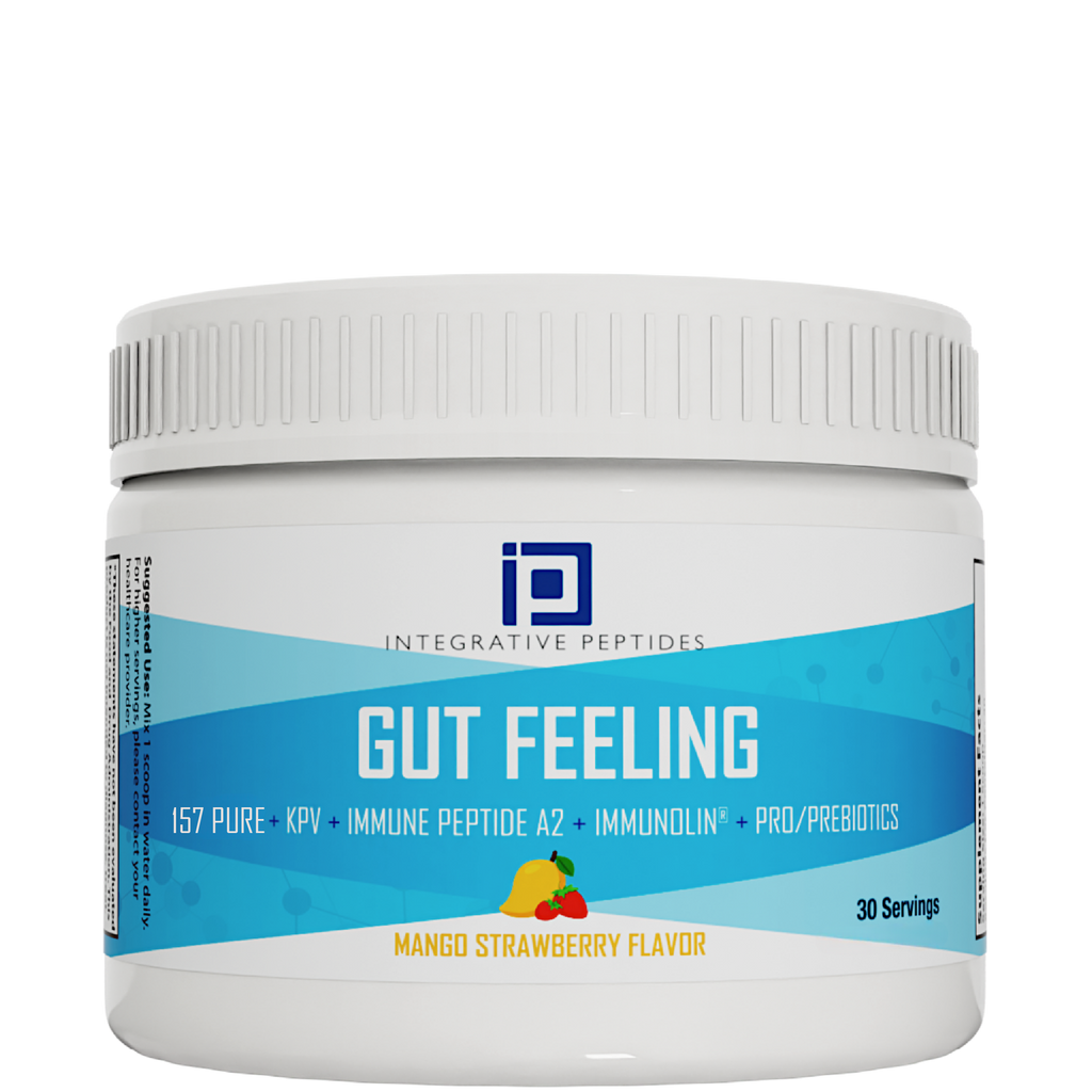 Bottle of Gut Feeling Peptides Mango Strawberry supplement by Integrative Peptides, featuring the label and product packaging.