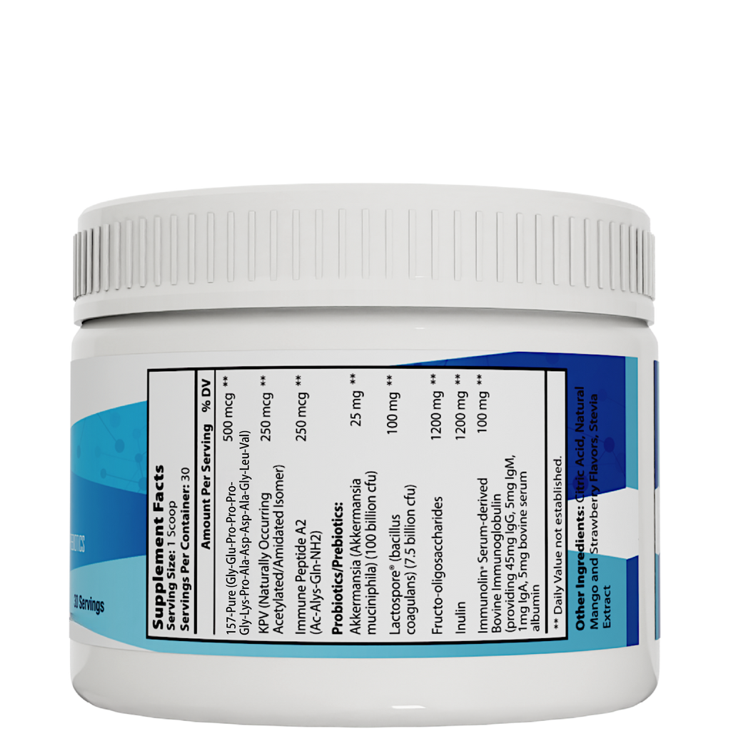 Gut Feeling Peptides Mango Strawberry supplement by Integrative Peptides, featuring the product bottle and packaging.