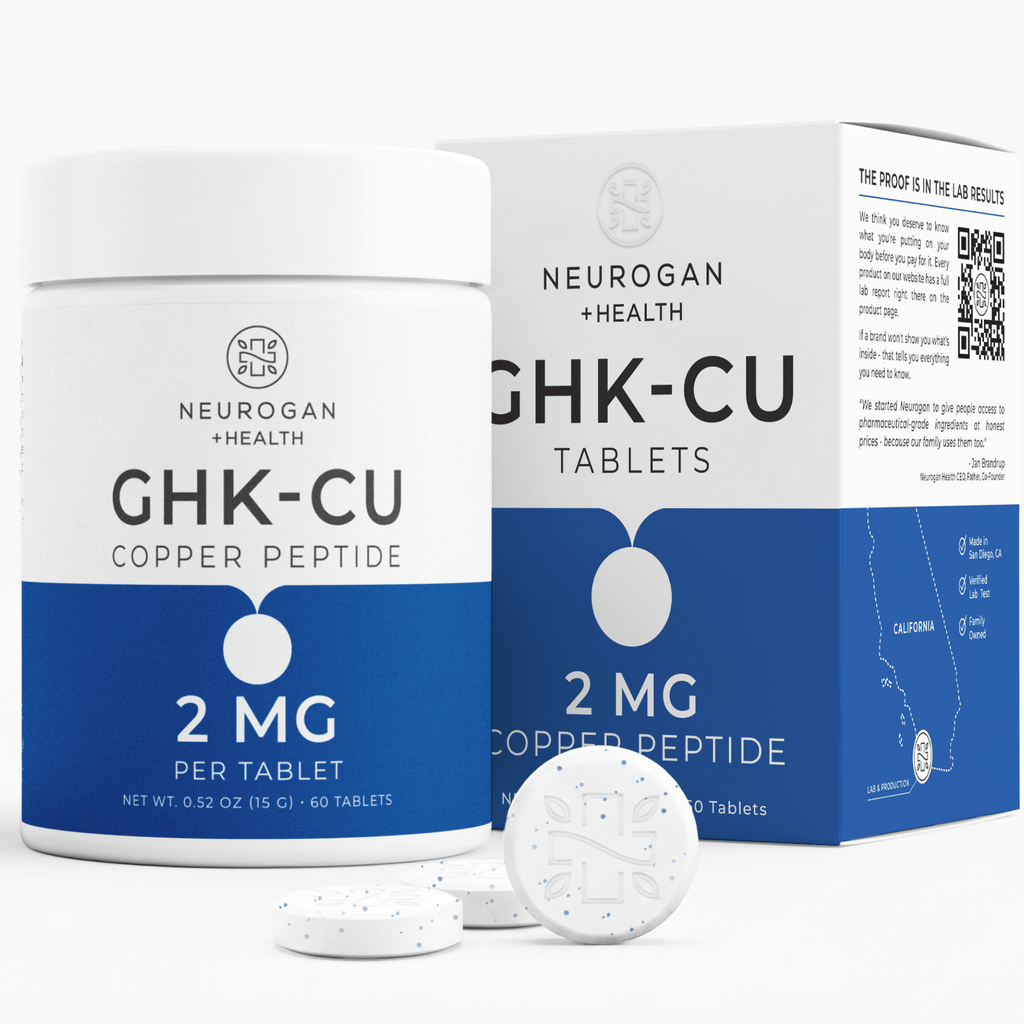 Neurogan Health GHK-Cu Copper Peptide Tablets box showing white tablets and product packaging on a white background.