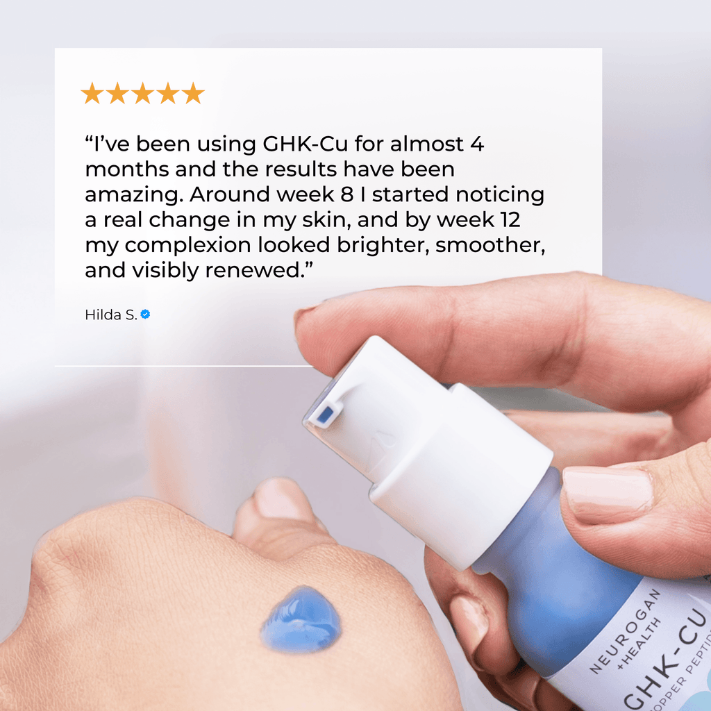 Neurogan Health Advanced GHK-Cu Neck & Face Serum bottle with product label and review stars visible.