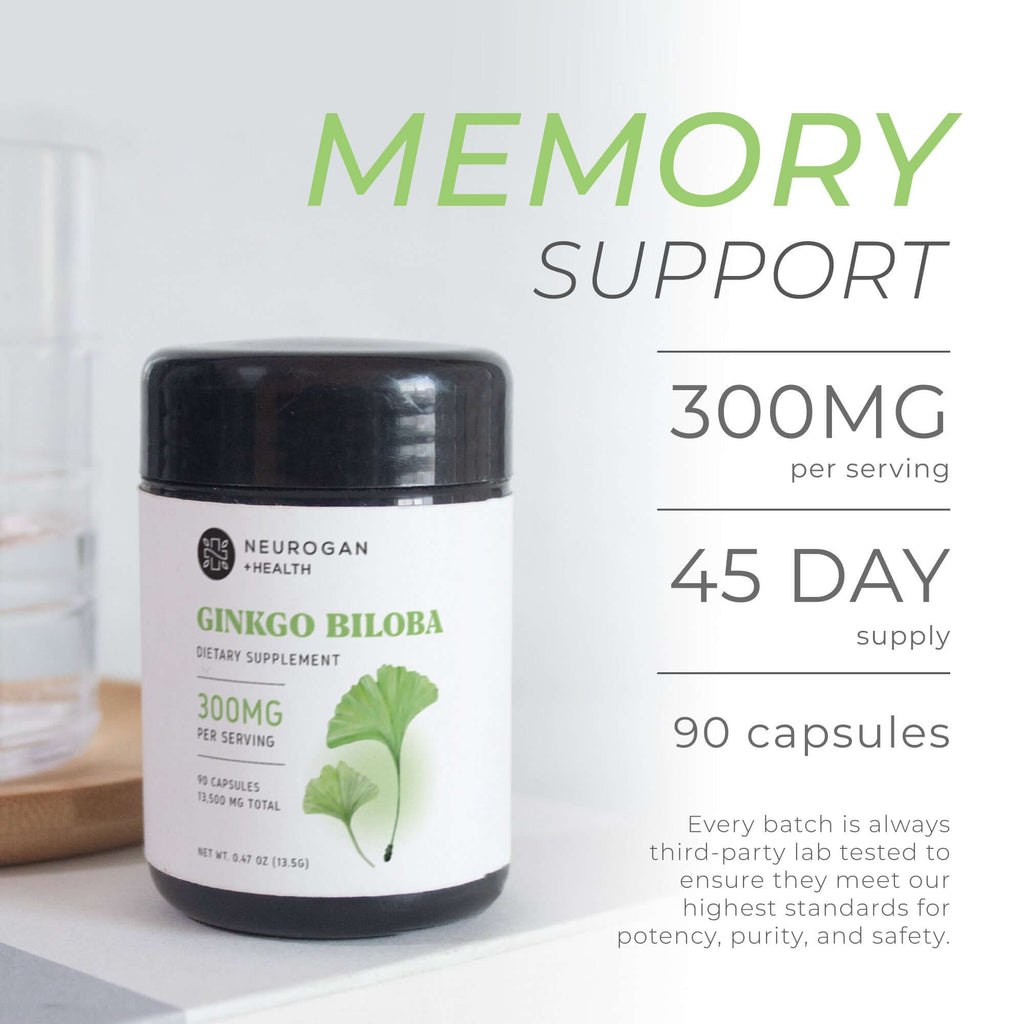 Neurogan Health Ginkgo Biloba capsules inside a bottle, dietary supplement for cognitive support, with herbal capsules visible.