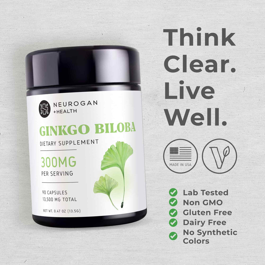 Neurogan Health Ginkgo Biloba capsules, dietary supplement in clear bottle with capsules visible inside, emphasizing natural health benefits.