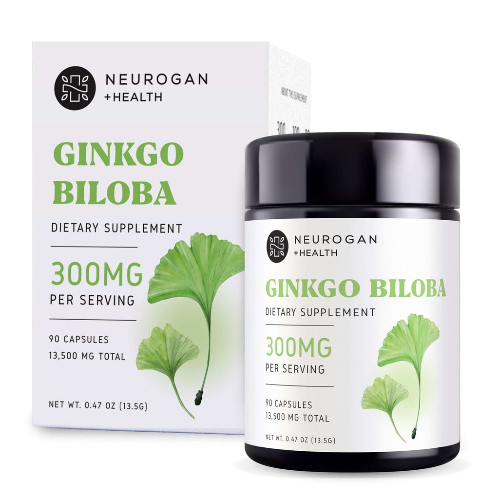 Ginkgo Biloba capsules and box from Neurogan Health, dietary supplement for cognitive support and mental clarity.