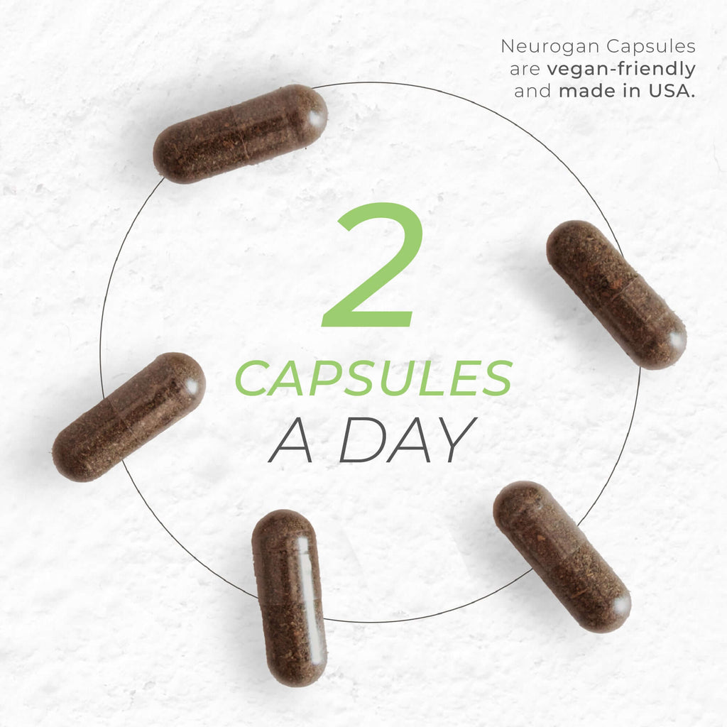 Neurogan Health Ginkgo Biloba capsules for daily supplements, showing a bottle with capsules and dosage information.