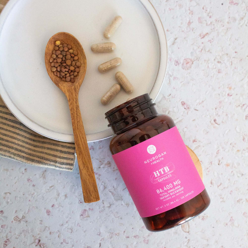 Himalayan Tartary Buckwheat (HTB) capsules by Neurogan Health in a clear bottle, showing the supplement capsules inside.