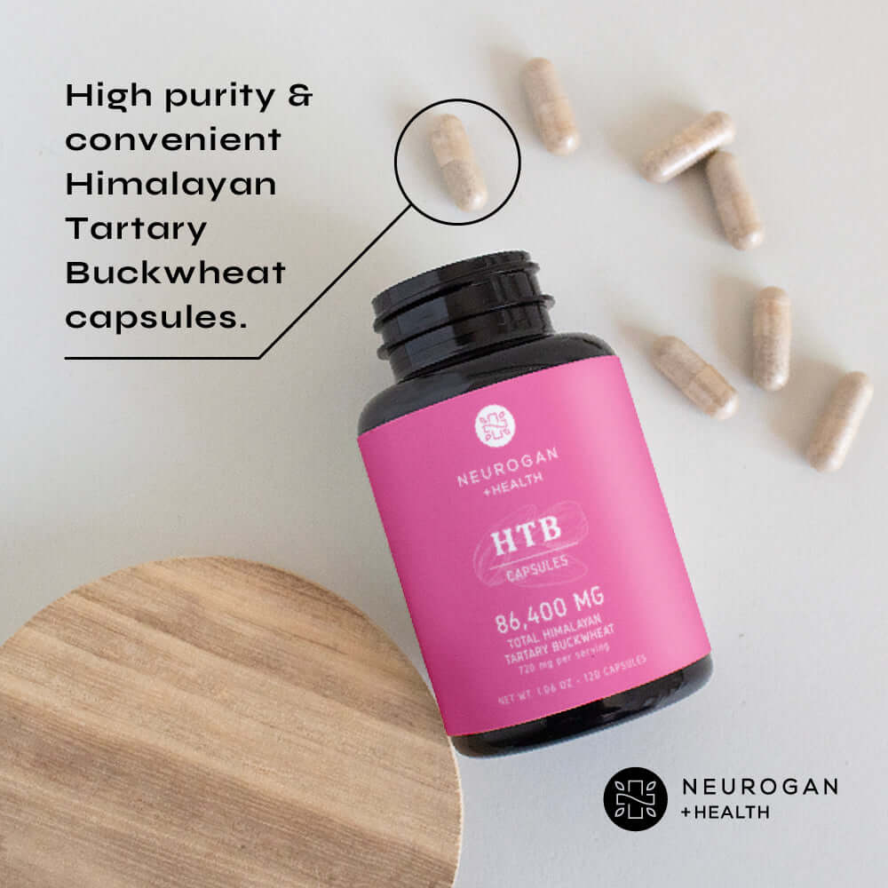 Himalayan Tartary Buckwheat capsules by Neurogan Health in a bottle, showcasing high-purity supplement capsules on a white background.