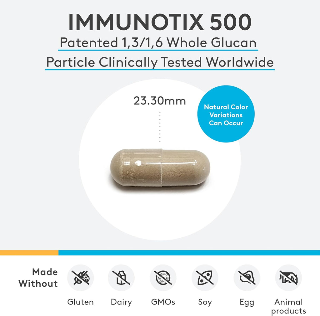 Bottle of XYMOGEN ImmunotiX 500™ 60 capsules with the supplement label visible and capsules inside the bottle.