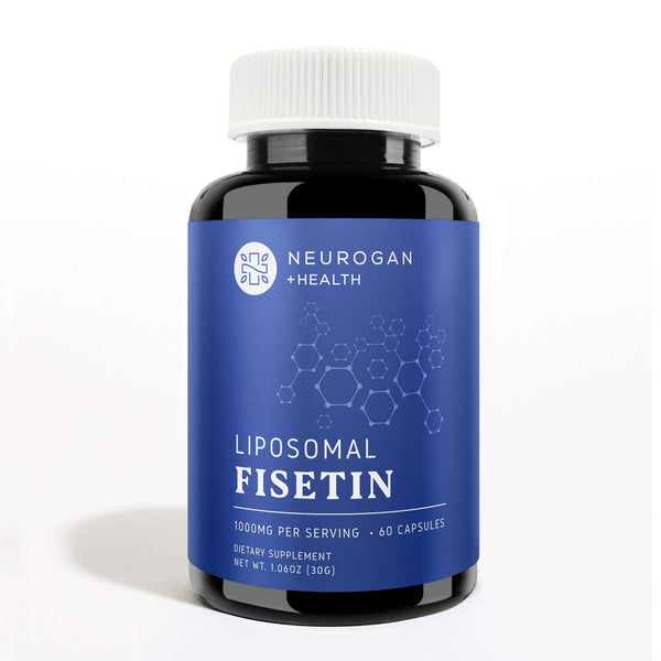 Liposomal Fisetin capsules by Neurogan Health, dietary supplement in clear gel capsules, front view with shadow, vitamins and supplements.