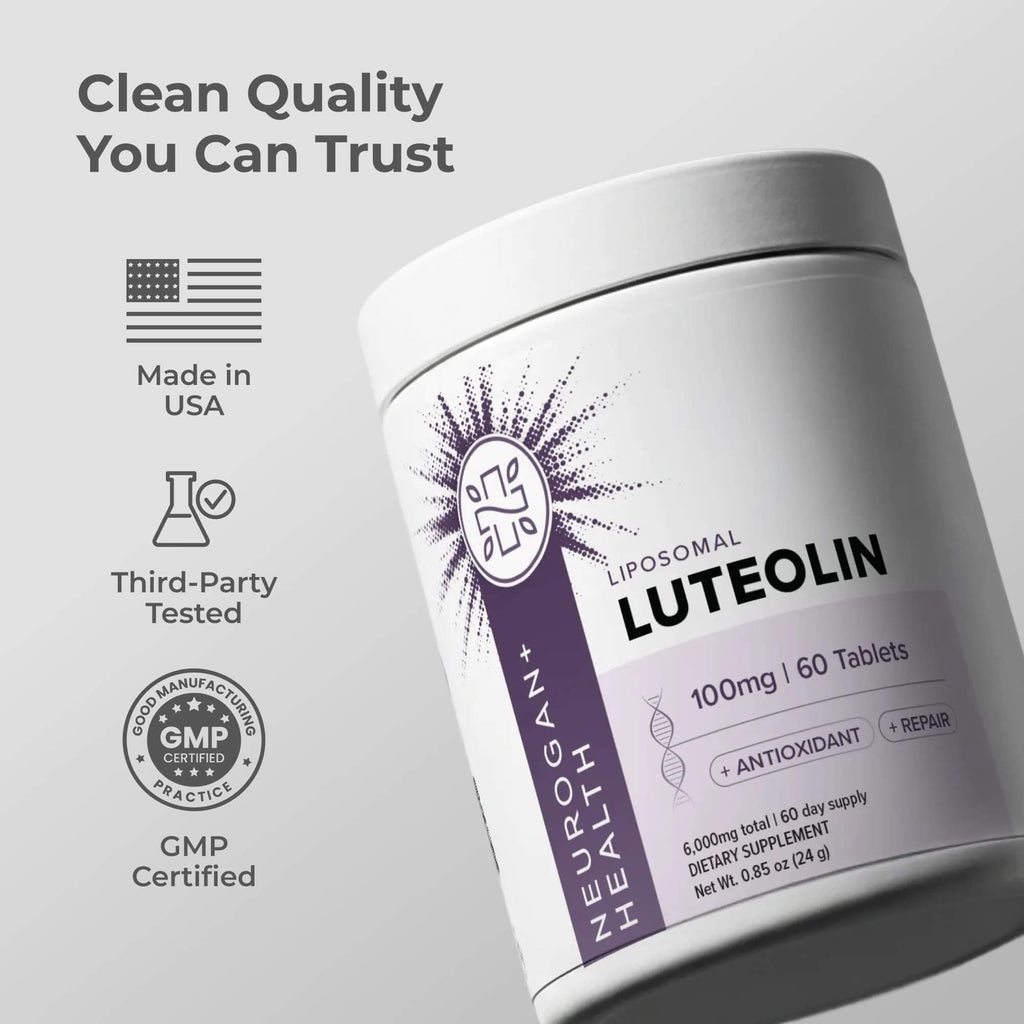 Liposomal Luteolin supplement tablets with certification labels, by Neurogan Health, in clear view.