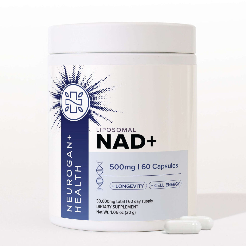 Liposomal NAD+ capsules by Neurogan Health, dietary supplement bottles with capsules for energy and cellular support.