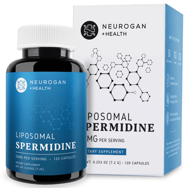 Liposomal Spermidine capsules bottle and box from Neurogan Health, dietary supplement for cellular health and longevity.