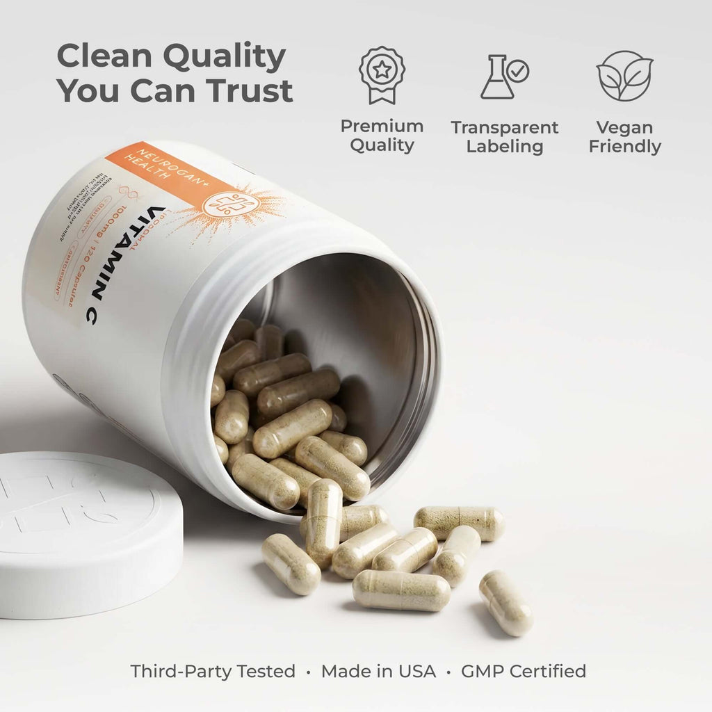 Liposomal Vitamin C supplement bottle from Neurogan Health with certification labels, showcasing the product packaging.