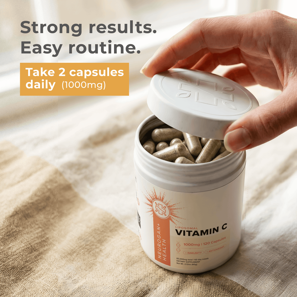 Liposomal Vitamin C supplement from Neurogan Health, showing the bottle and label used for daily nutritional support.