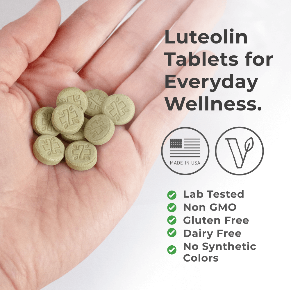 Neurogan Health Luteolin tablets, dietary supplement bottles showing tablets made in the USA, for immune support and antioxidant benefits.