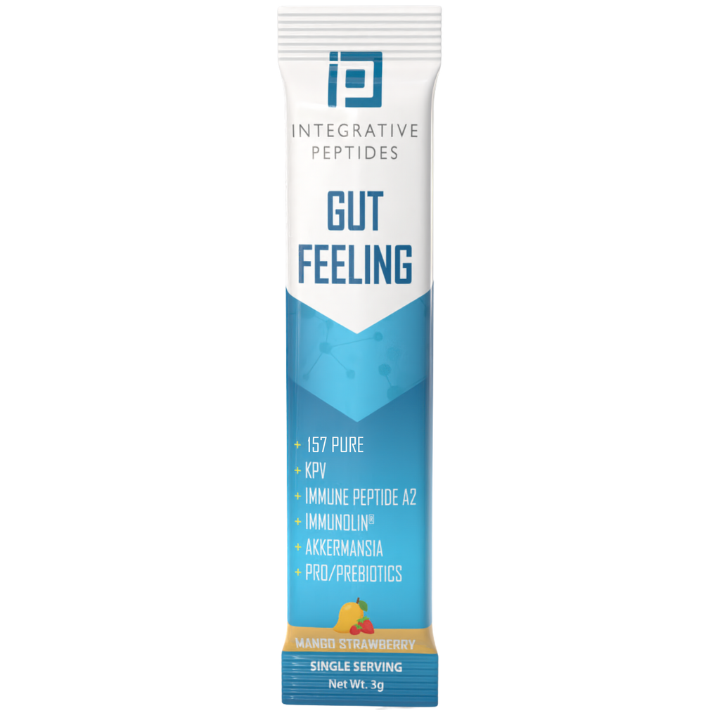 Integrative Peptides Gut Feeling Peptides Stick Packs in Mango Strawberry flavor, 45-count, showing colorful sachets on a white background.