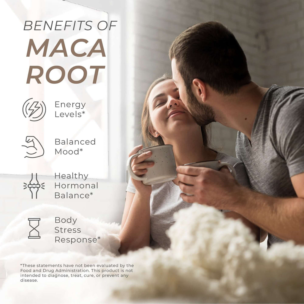 Neurogan Health Maca Root capsules, dietary vitamins and supplements, showing the supplement bottle and fresh maca root on a white background.