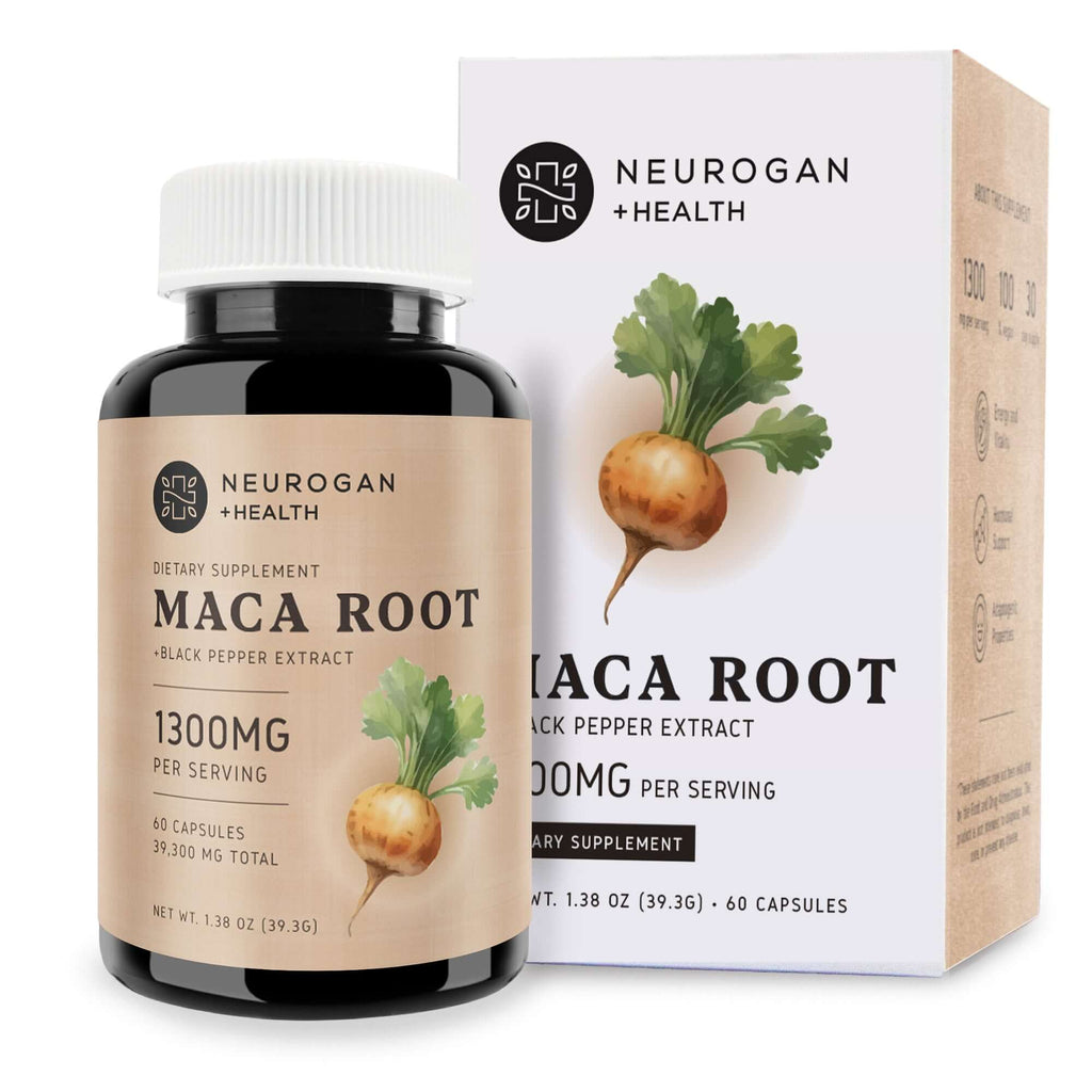 Neurogan Health Maca Root Capsules in bottle with product box, dietary supplement for energy and vitality.