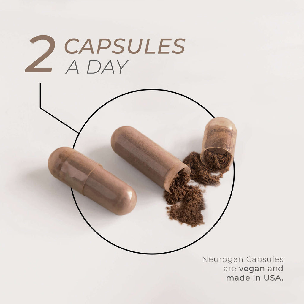 Neurogan Health Maca Root Capsules in a bottle, showing the supplement capsules for energy and vitality.