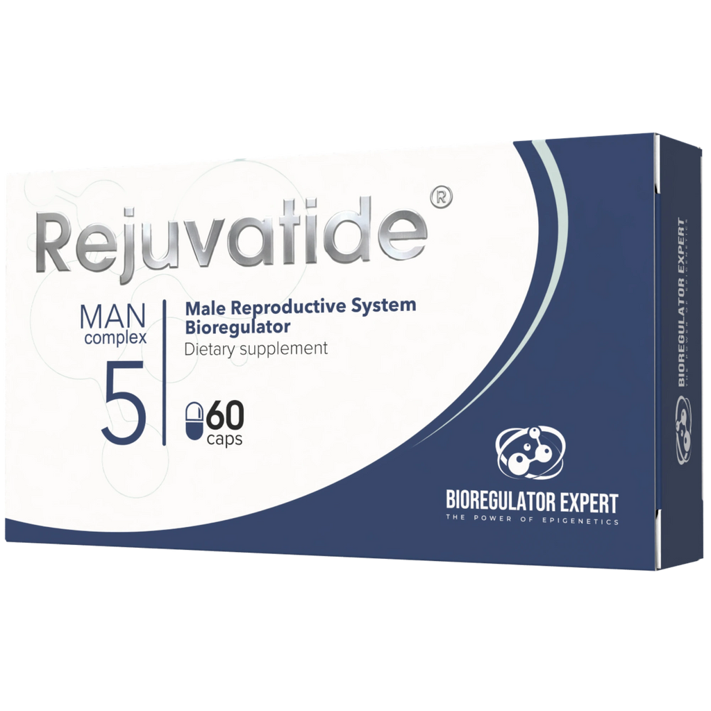 Male reproductive bioregulator capsules by Integrative Peptides, featuring a man holding or showcasing the product.