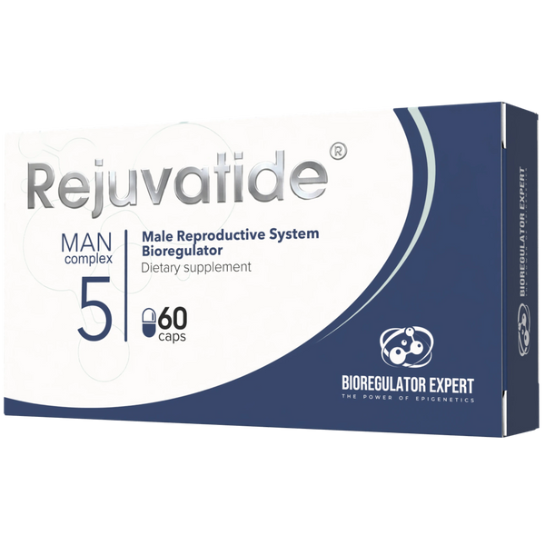 Male reproductive bioregulator capsules by Integrative Peptides, featuring a man holding or showcasing the product.