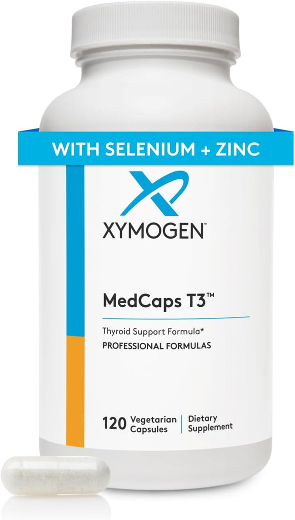 XYMOGEN MedCaps T3™ 120 capsules bottle with label and capsules visible. Nutritional supplement for thyroid support.