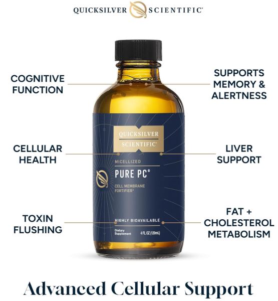 Bottle of Quicksilver Micellized Pure PC supplement in a 4 fl oz bottle, shown with clear liquid inside.