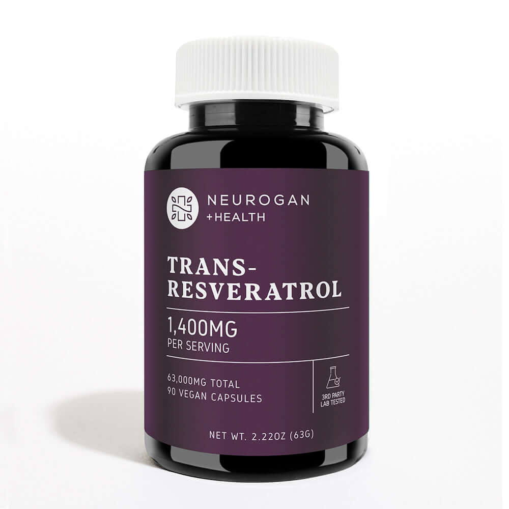Neurogan Health micronized Trans-Resveratrol capsules in a clear jar, showing the front label and capsules inside in a shadowed setting.