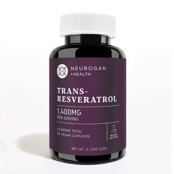 Neurogan Health micronized Trans-Resveratrol capsules in a clear jar, showing the front label and capsules inside in a shadowed setting.