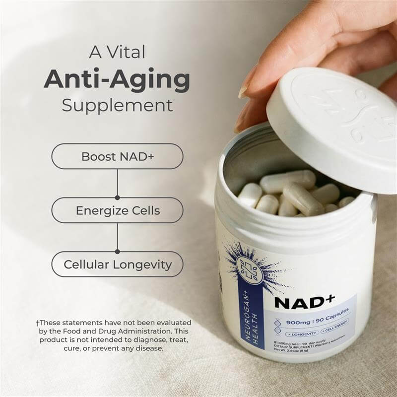 Neurogan Health NAD+ capsules supplement with benefits, showing the supplement bottle and capsules on a neutral background.