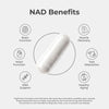 Neurogan Health NAD+ capsules in a bottle, showing supplement benefits for energy and cellular health.
