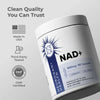 Neurogan Health NAD+ capsules showing certification label, dietary supplement in clear bottle with label details visible.