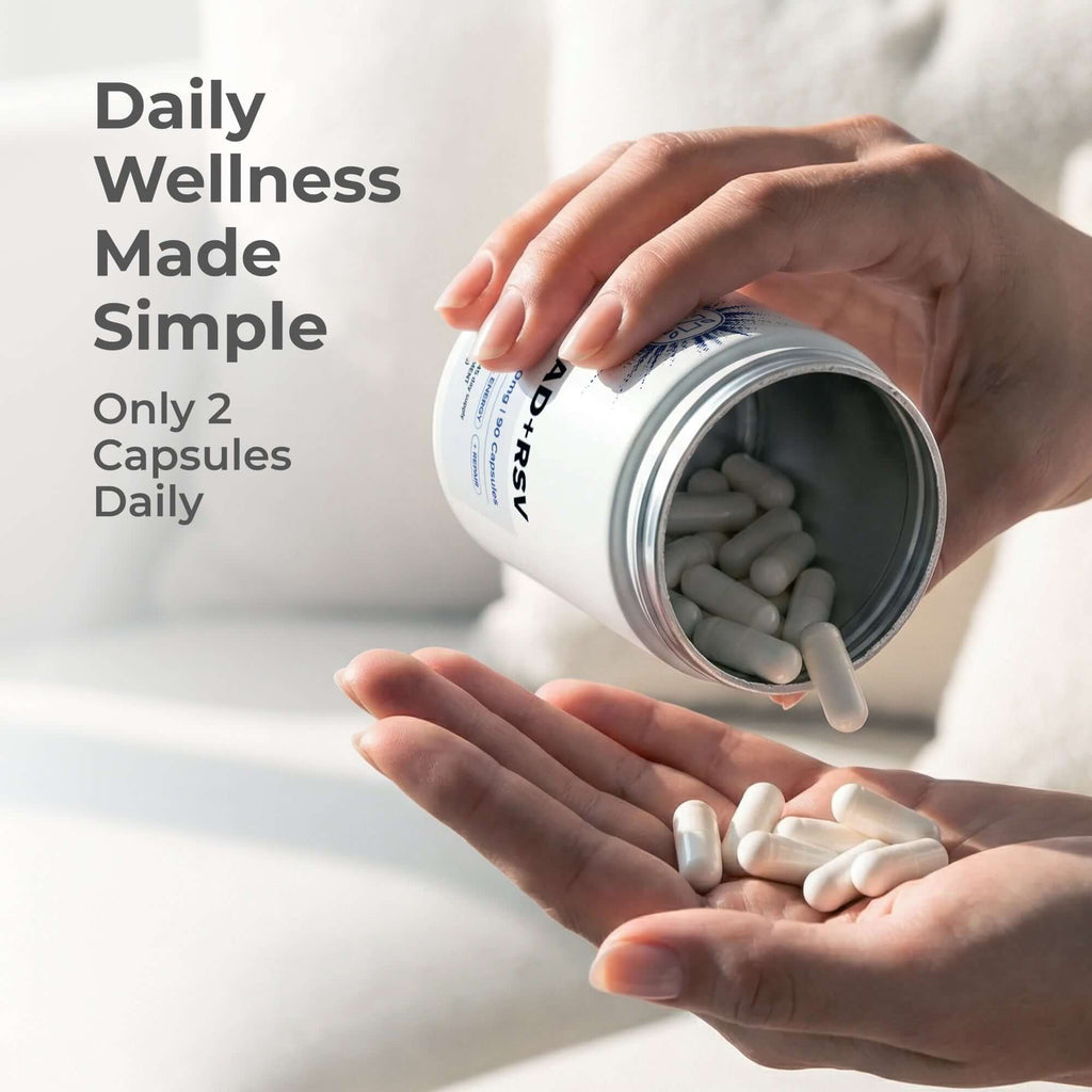 Neurogan Health NAD+ Resveratrol capsules for daily supplement, showing the vitamin and supplement bottle with capsules inside.