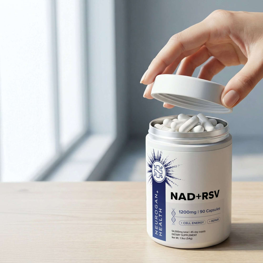 Open bottle of Neurogan Health NAD+ Resveratrol capsules, dietary vitamins and supplements for energy and anti-aging health.