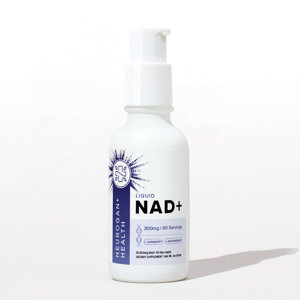 Neurogan Health NAD+ Liquid Drops, dietary supplement in a glass dropper bottle, with labeled packaging and clear liquid inside.