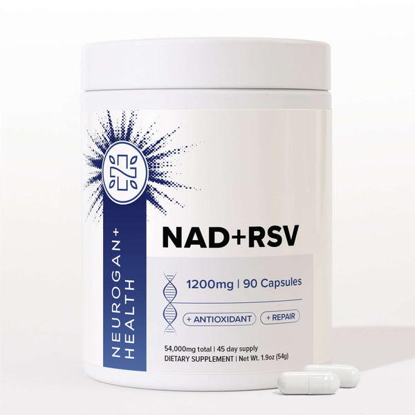 Neurogan Health NAD and Resveratrol capsules in a clear bottle, dietary supplement for energy and longevity, 56 capsules.