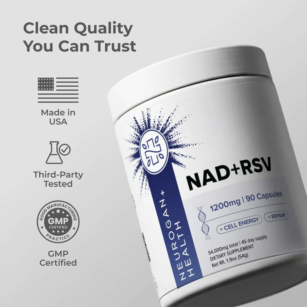 Neurogan Health NAD+ Resveratrol capsules with certification label, showing supplement bottles and product packaging.