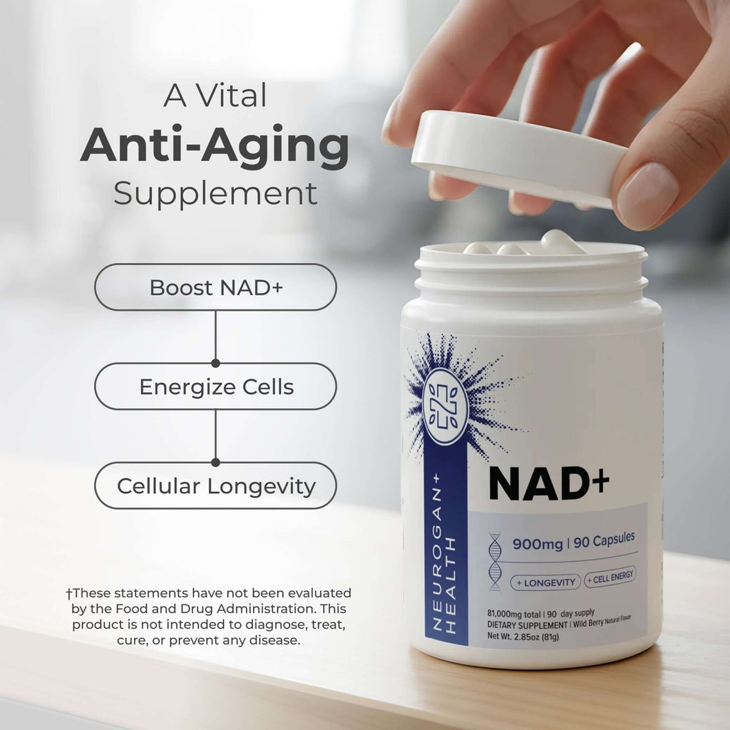 Neurogan Health NAD+ capsules supplement, showing the bottle and capsules, highlighting vitamins and supplement benefits.