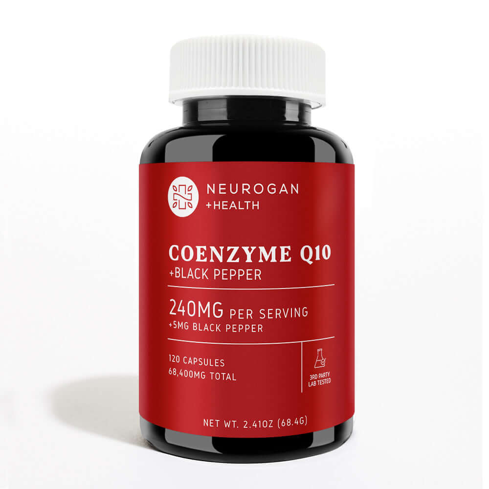Neurogan Health CoQ10 capsules in a bottle, front view with shadow, showing dietary supplement for energy support and antioxidant health.