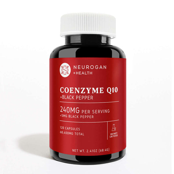 Neurogan Health CoQ10 capsules in a bottle, front view with shadow, showing dietary supplement for energy support and antioxidant health.