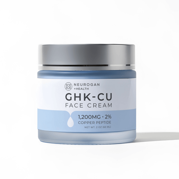 Neurogan Health GHK-Cu Copper Peptide Face Cream jar with cream visible, highlighting skincare product for rejuvenation and skin health.
