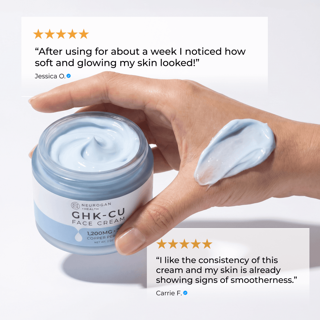 Neurogan Health GHK-Cu Copper Peptide Face Cream jar with cream visible, showcasing its smooth texture and copper-infused skincare formula.